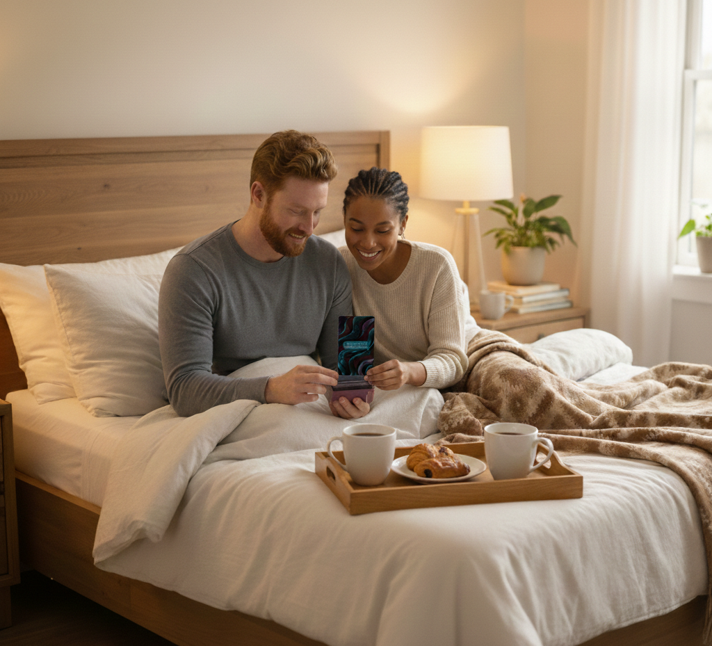 Couple holding Everything Unsaid conversation card deck in bed with breakfast